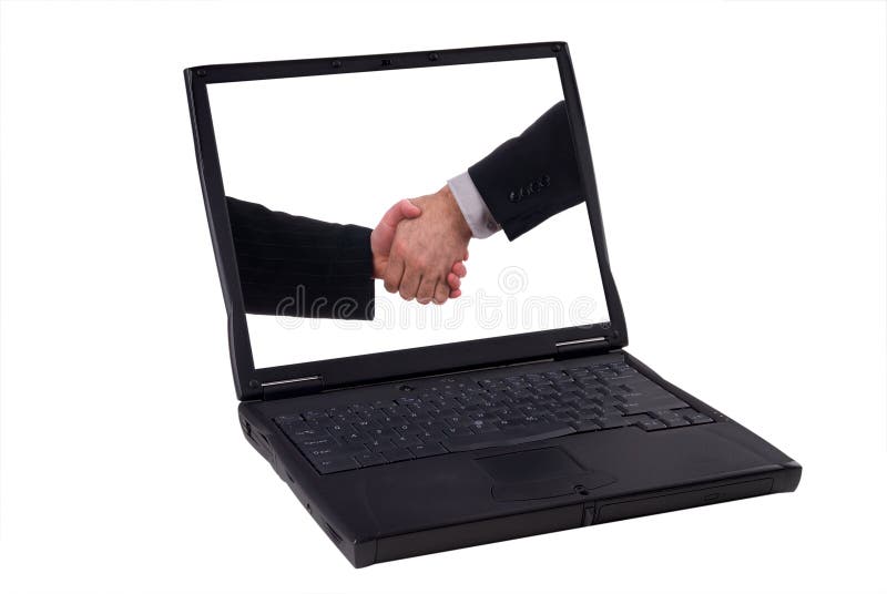 Laptop computer with business handshake isolated on a white background with a clipping path. Laptop computer with business handshake isolated on a white background with a clipping path