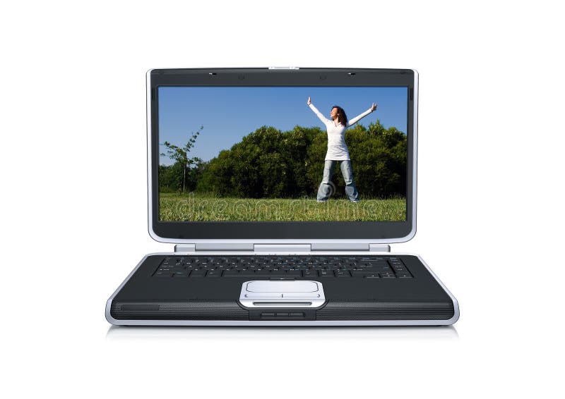 Laptop-Computer mit einem schönen jungen Mädchen allein lizenzfreie stockfotos