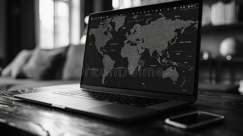 Laptop computer is open to a map of the world royalty free stock photo