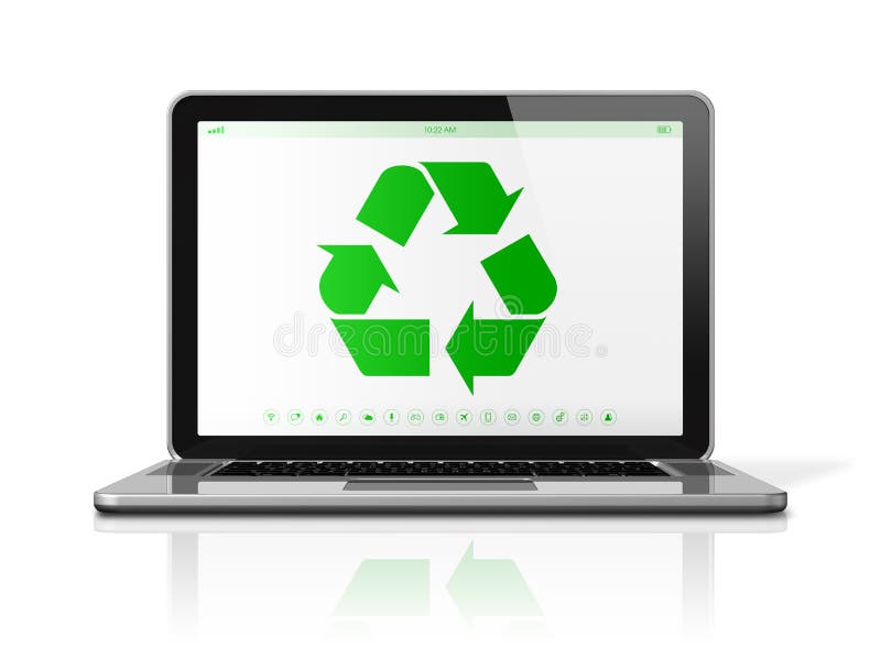 Laptop computer with a recycling symbol on screen. environmental