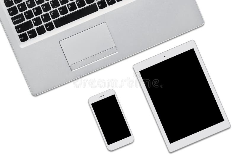 Laptop computer, tablet and cell phone isolated on white background with copy space for your adverisment or promotional text. Thre