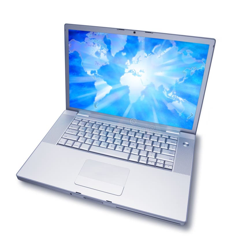 A laptop computer isolated on a white background with an abstract world map on the screen. A laptop computer isolated on a white background with an abstract world map on the screen