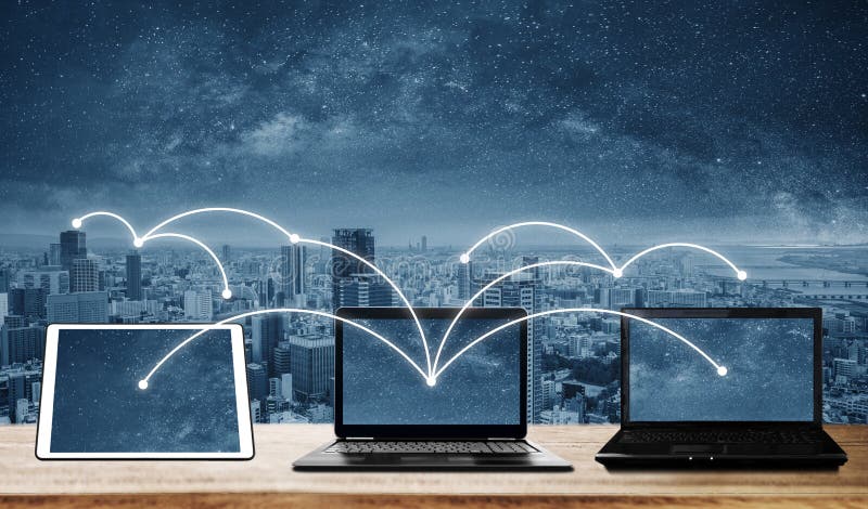 Laptop computers with network connection and sharing data to other devices. Internet networking and connection stock photos