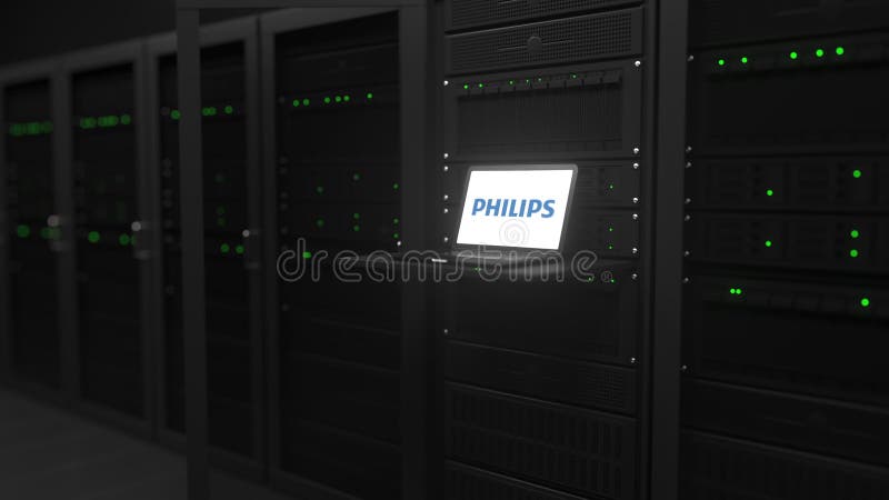 Laptop con il logo di philips sullo schermo in una sala server. rendering 3d editoriale concettuale illustrazione di stock