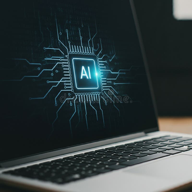 Laptop con immagine digitale di un microchip con intelligenza artificiale al centro. Il design royalty illustrazione gratis