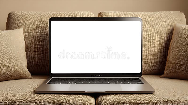 Laptop con schermo bianco bianco posto su un divano in tessuto beige. Caratteristiche del divano illustrazione vettoriale