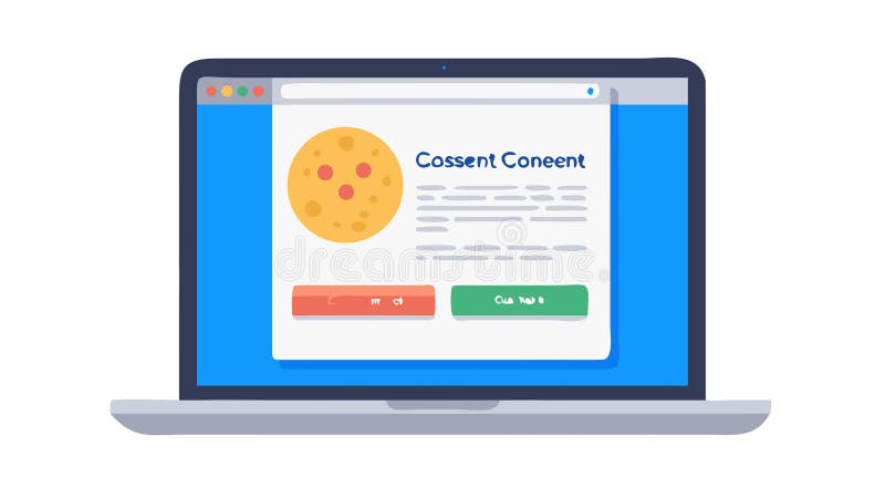 A crucial vector illustration of a laptop screen displaying a Consent Content form, symbolizing data privacy and user agreement. Ideal for GDPR compliance, online terms of service, or privacy policies. This graphic represents transparent data handling and explicit user permission in digital interactions, crucial for legal and ethical online practices, vector design Generative AI. User consent vectors