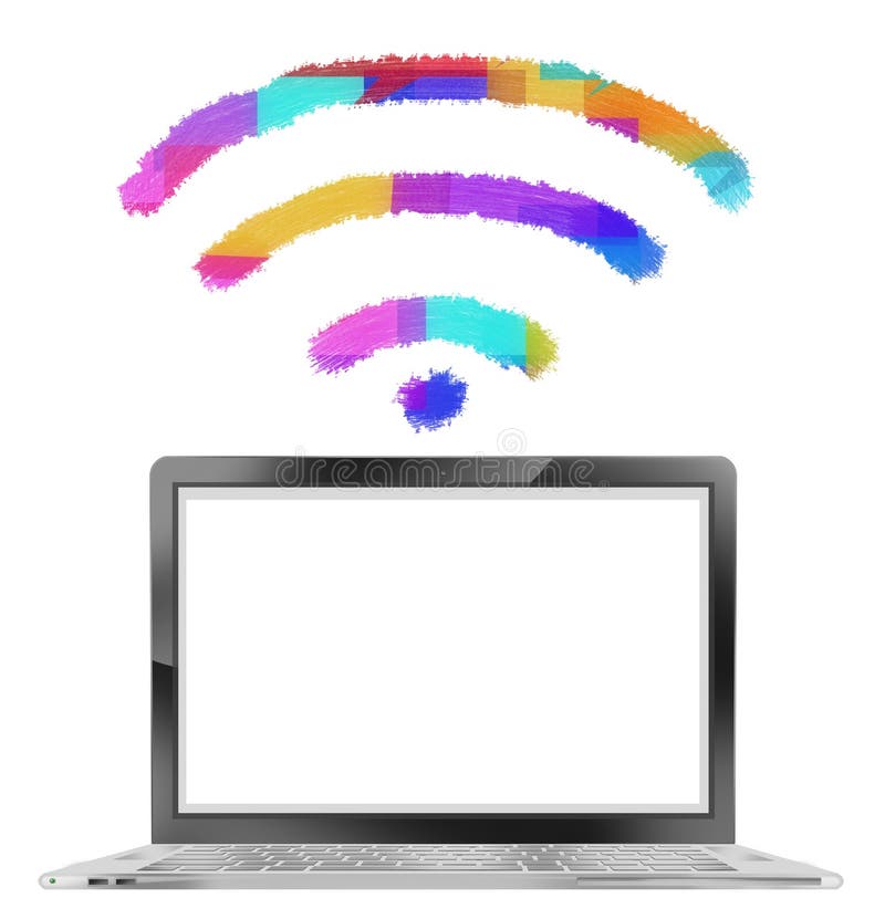Laptop cu semnal wifi colorat stock illustration