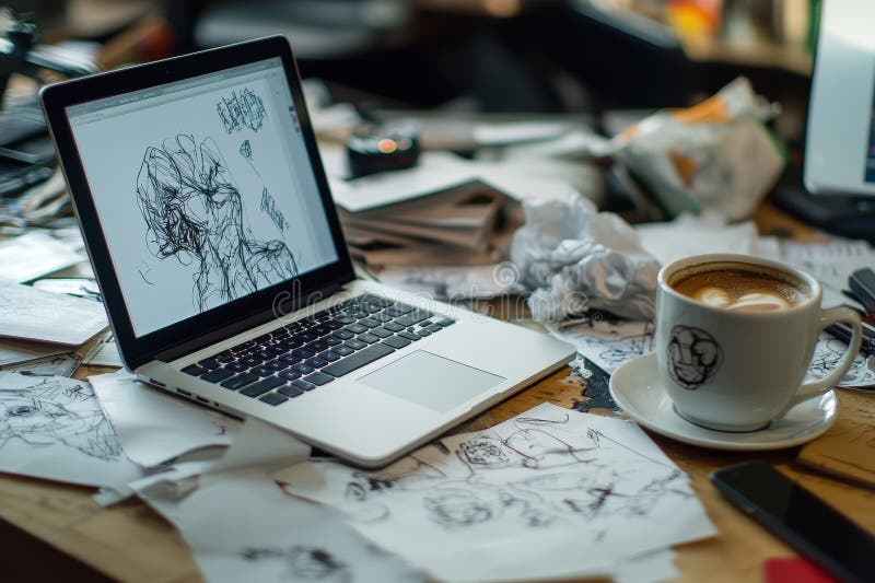 A Laptop, a Cup of Coffee, and Sketches on a Wooden Table Stock ...