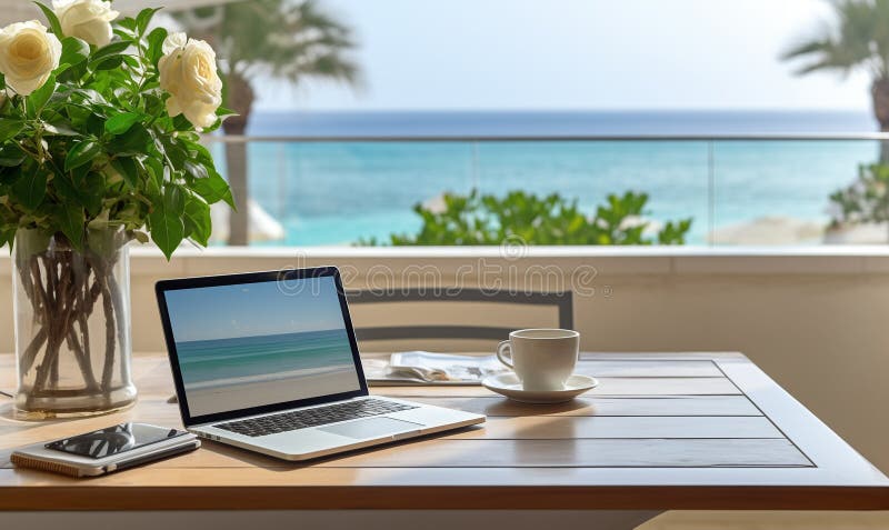 Laptop and a cup of coffee on table on a balcony with ocean view with copy space stock photos