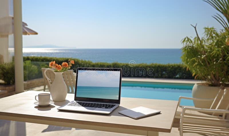 Laptop and a cup of coffee on table on a balcony with ocean view with copy space stock images
