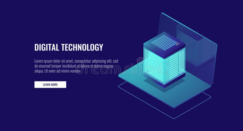 Laptop with database icon, cloud data storage, web hosting, server room stock illustration