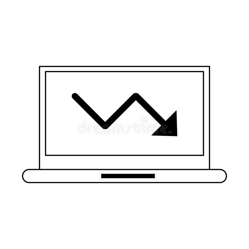 Laptop with Decrease Statistics Arrow Symbol in Black and White Stock ...