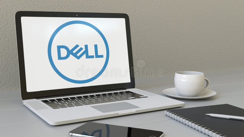 Laptop with Dell Inc. logo on the screen. Modern workplace conceptual editorial 3D rendering