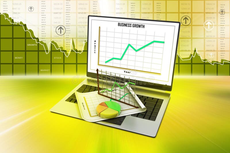 Laptop, der eine Tabelle und ein Papier mit Statistikdiagrammen zeigt vektor abbildung Laptop, der eine Tabelle und ein Papier mit Statistikdiagrammen zeigt vektor abbildung