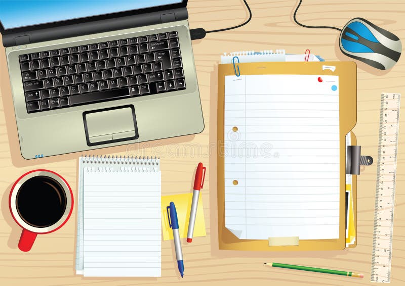 An overhead perspective illustration of a typical work desk. Plenty of blank space for your own messages. E.P.S. 10 vector file included with image. An overhead perspective illustration of a typical work desk. Plenty of blank space for your own messages. E.P.S. 10 vector file included with image.