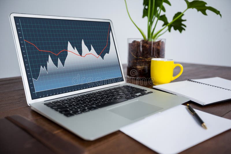 Laptop on Desk with Statistical Data on Screen Stock Photo Image of
