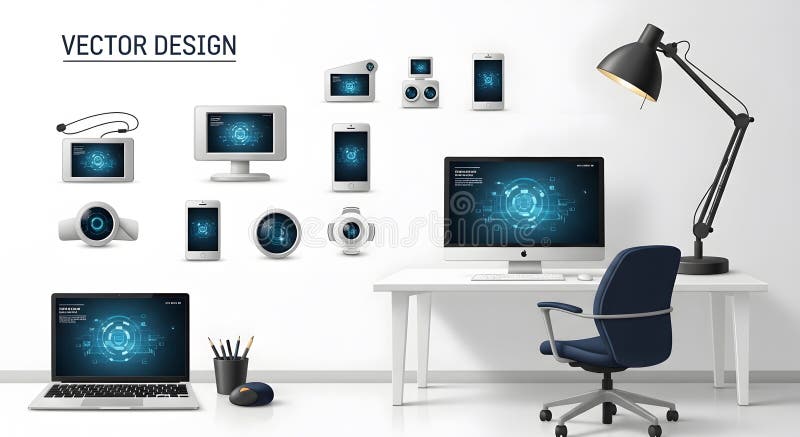 Futuristic Technology Devices Displaying Holographic Interfaces on White Desk vector illustration