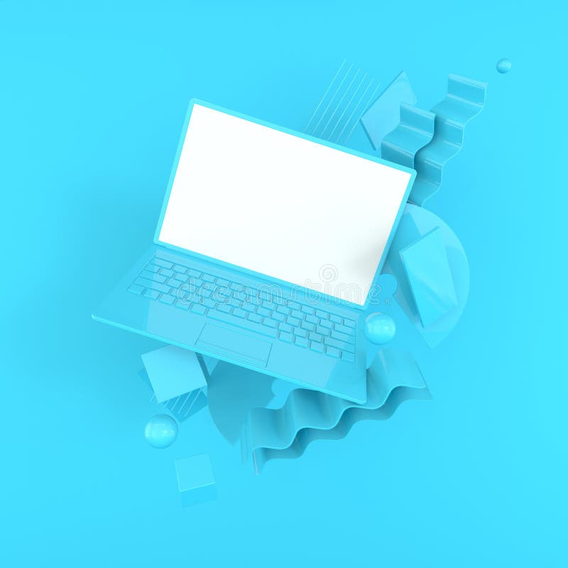 Laptop and different geometric objects mockup background in modern minimal style. Notebook 3d render in pastel colors. Technology vector illustration Laptop and different geometric objects mockup background in modern minimal style. Notebook 3d render in pastel colors. Technology vector illustration