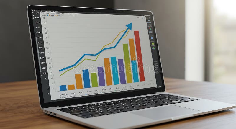 Laptop displaying a bar chart and line graph on its screen. The bar chart feature stock illustration