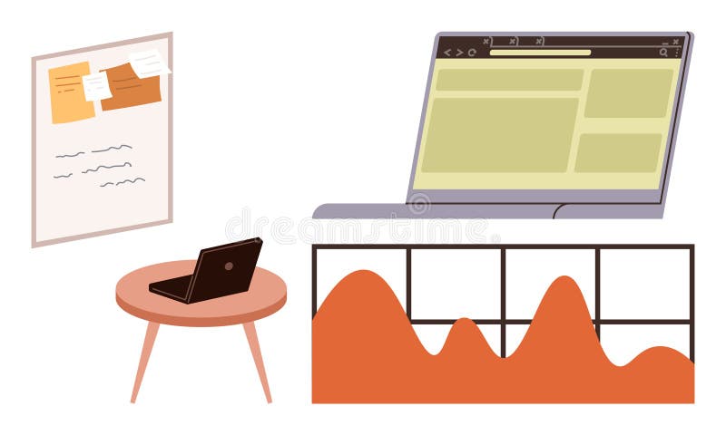 Digital Workspace with Laptop, Analytics Chart, Notes Board, and Table Setup for Productivity vector illustration