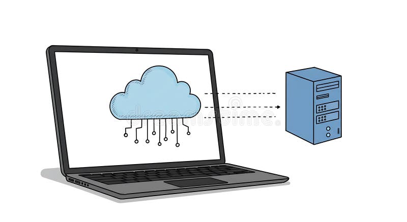 Laptop displaying a cloud icon connected to a server. The laptop is gray with a vector illustration