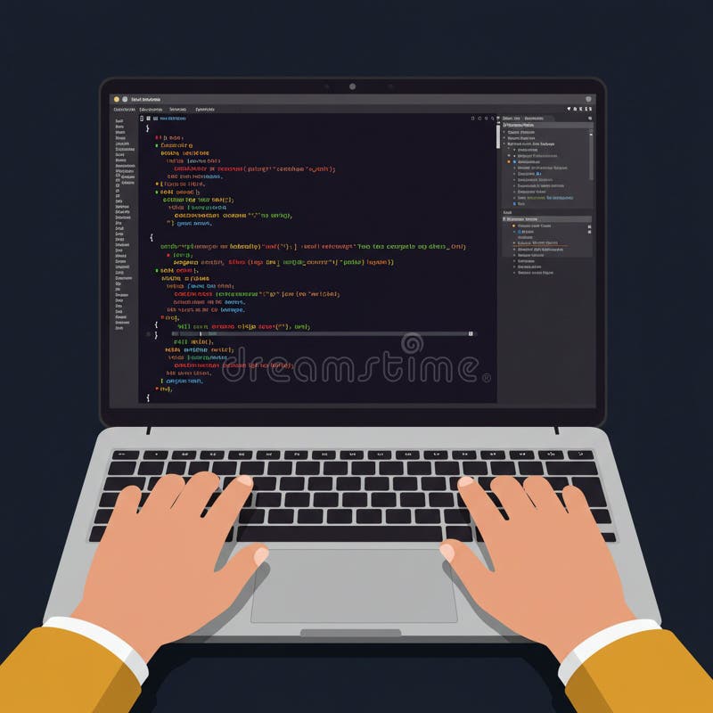 Laptop displaying a code editor on its screen, possibly in a dark mode. The visible stock illustration