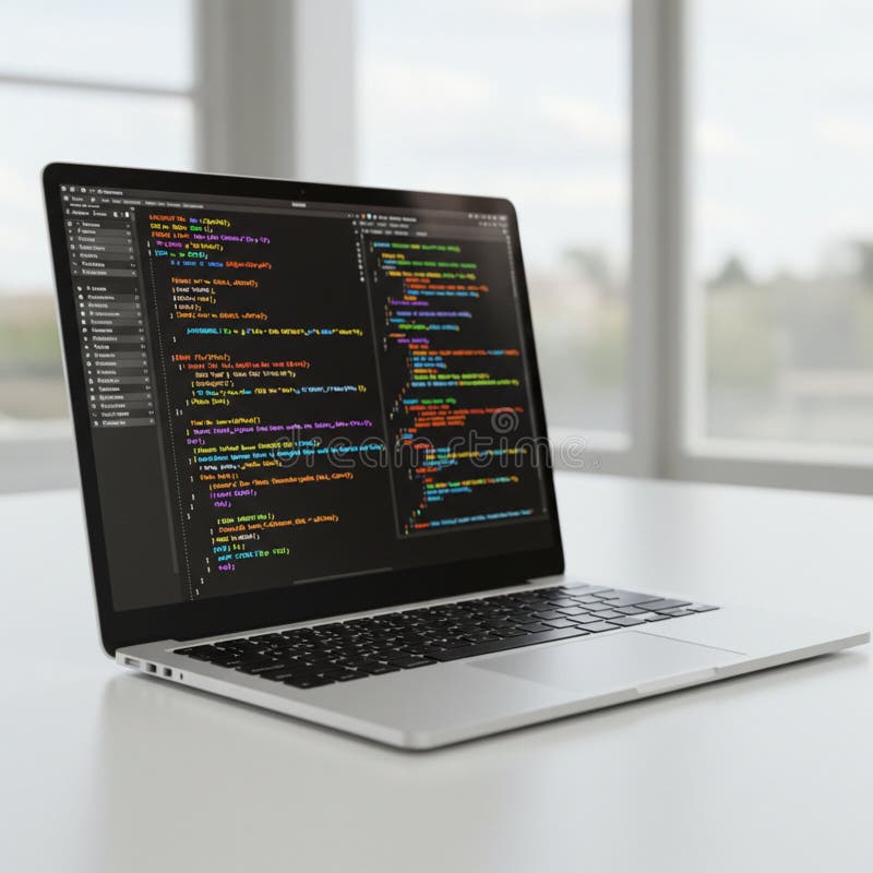 A laptop displaying code on its screen is situated on a white surface inside a bright stock illustration