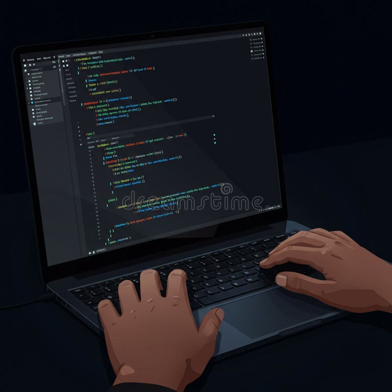 Laptop displaying code in a text editor, featuring functions and syntax typical of royalty free illustration