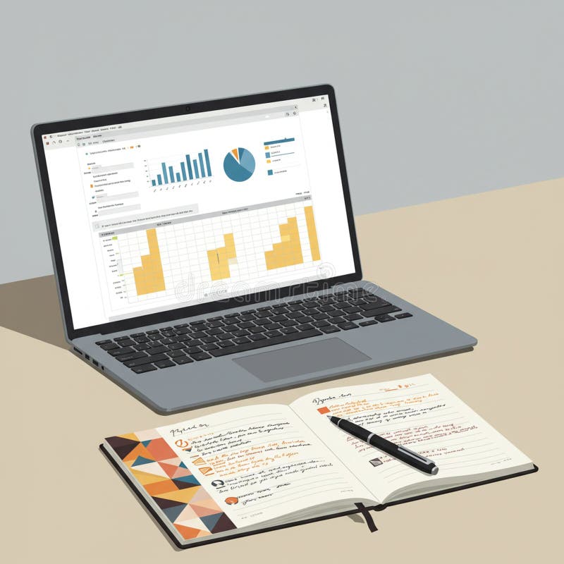 Laptop displaying a data analysis dashboard with bar graphs and a pie chart. The vector illustration