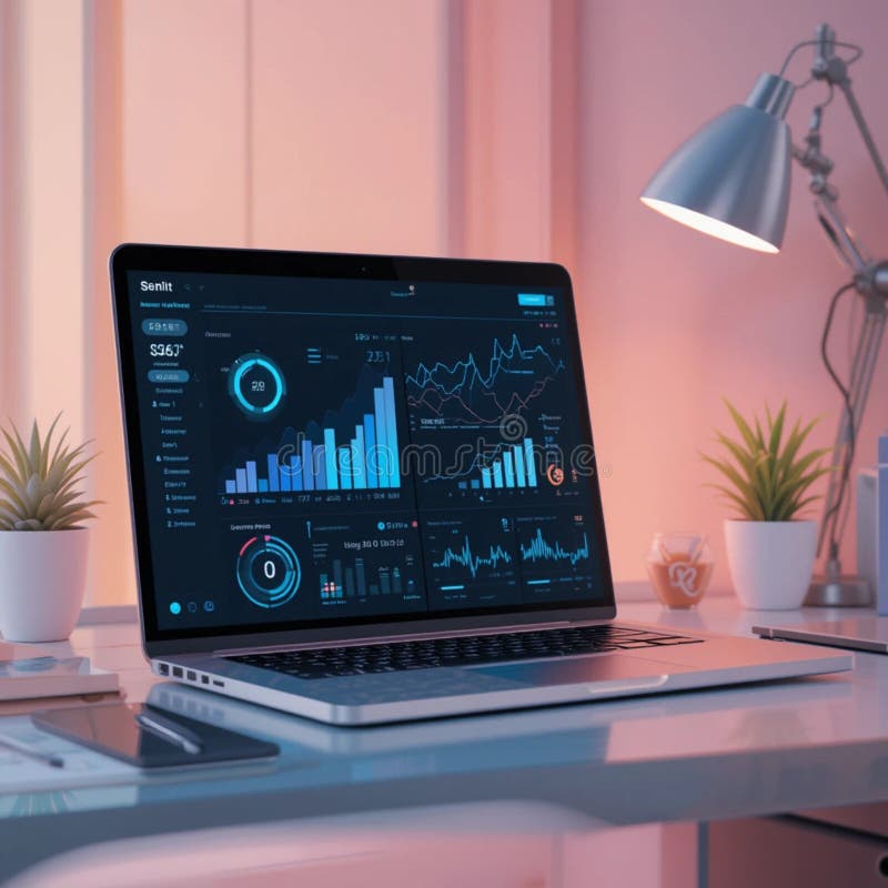 sophisticated business executive using advanced productivity technology and data analytics dashboard for morning work optimization