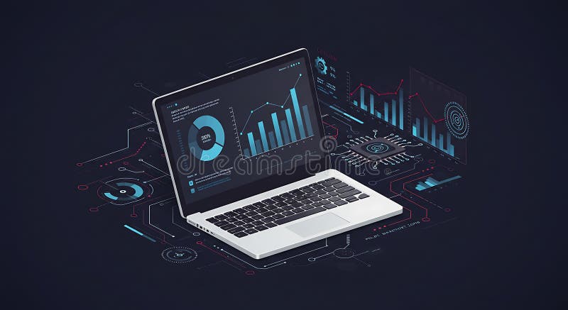 Laptop displaying data analytics interfaces, such as bar and line graphs, and pie stock illustration