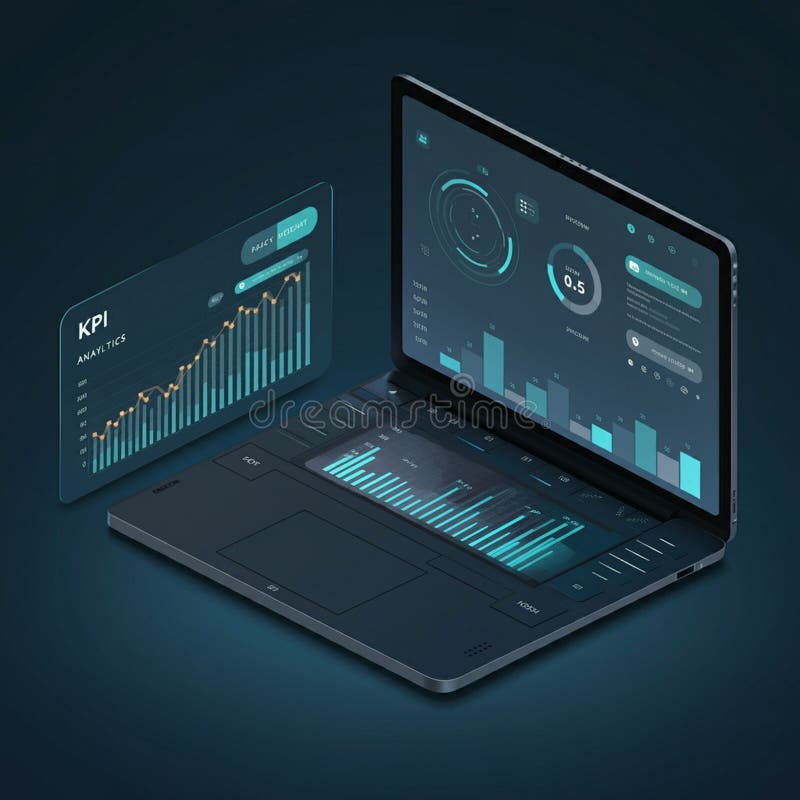 Laptop displaying data analytics with multiple charts and graphs on the screen. The royalty free illustration