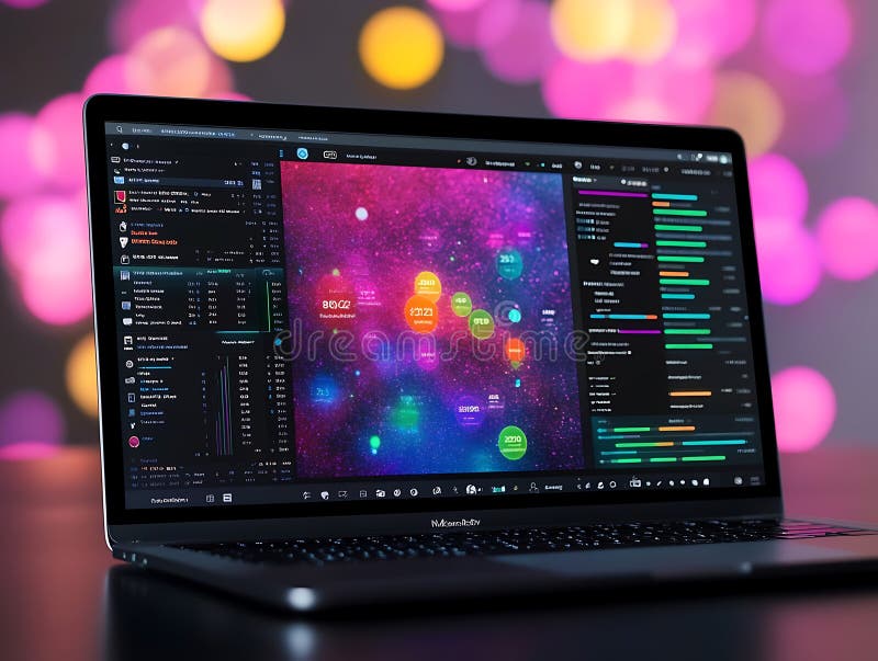 Laptop displaying data visualization with bokeh background in soft focus. a laptop displaying a data visualization interface. the screen shows colorful charts and graphs against a bokeh background. the image conveys a sense of technology, innovation, and data analysis. the focus is soft