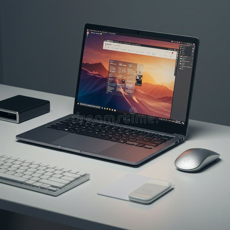 Laptop displaying a desktop computer interface on a table with a wireless keyboard royalty free illustration