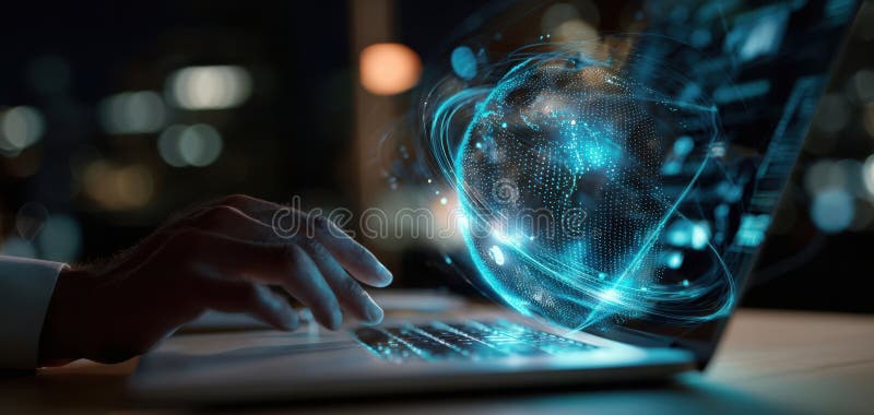 The laptop displaying a digital globe in a modern workspace at night. image royalty free stock photos.