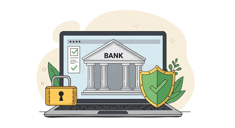 Laptop displaying a digital image of a bank facade symbolizing online banking. vector illustration