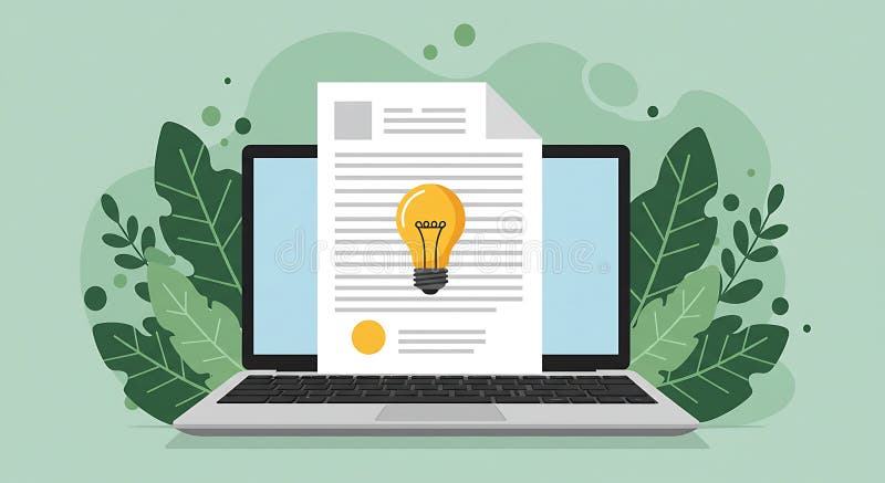 Laptop displaying a document featuring a lightbulb icon symbolizing ideas or stock illustration