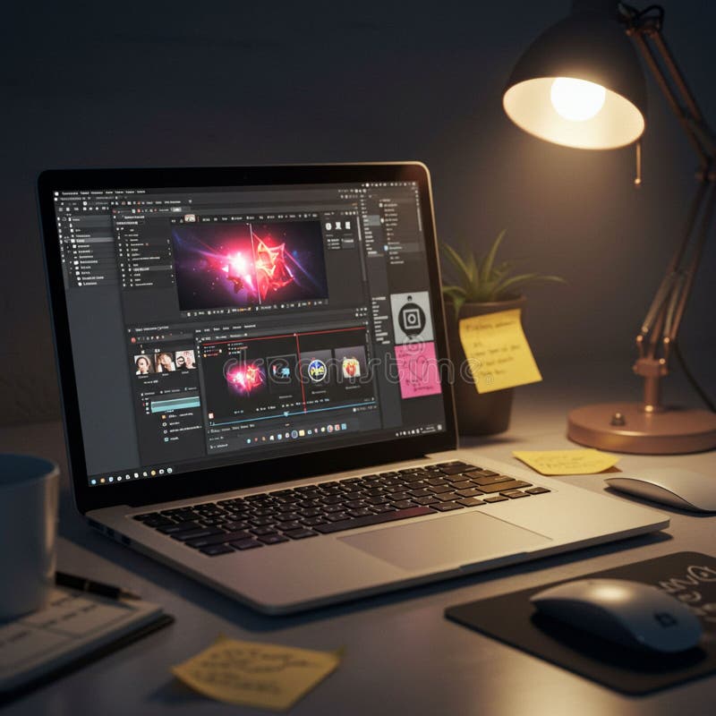 A laptop displaying an editing software interface shows vibrant digital graphics on its vector illustration