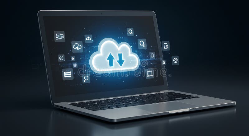 Laptop displaying a glowing cloud icon with up and down arrows, symbolizing stock illustration