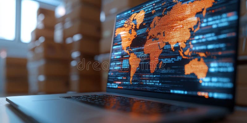 Laptop displaying glowing world map with data streams in warehouse setting royalty free illustration