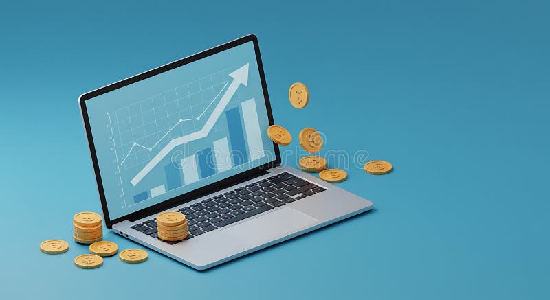 Laptop displaying a graph with upward trend, set against a blue background. Gold stock illustration
