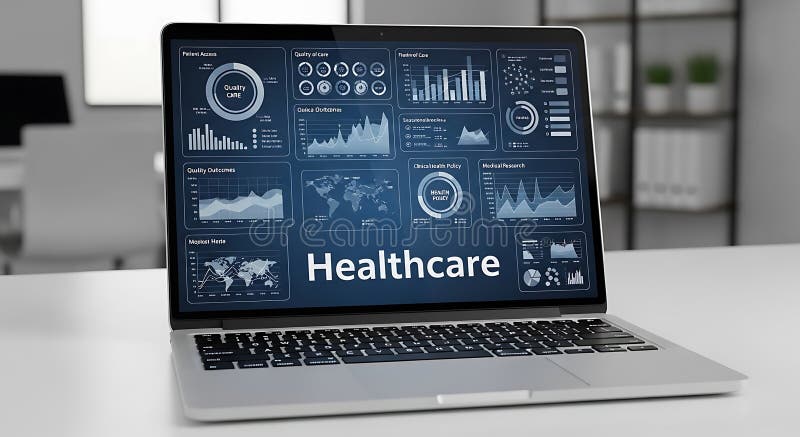 Laptop displaying healthcare data analytics on the screen. Various charts and vector illustration
