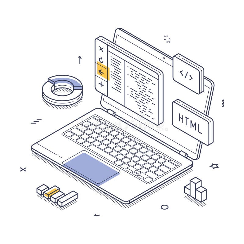 Laptop displaying HTML code with design elements around a workspace setup isometric line art vector illustration stock illustration