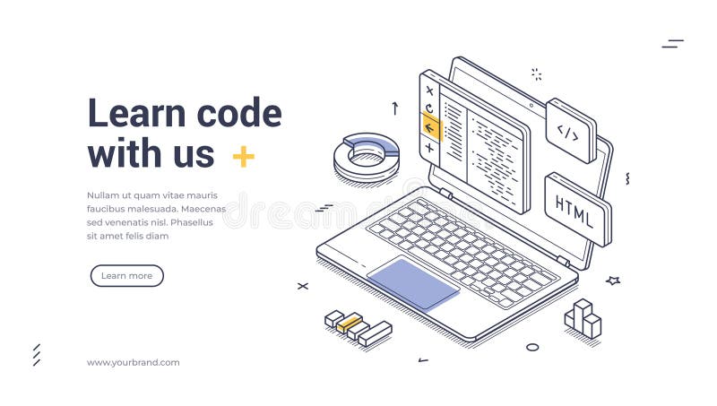 Laptop displaying HTML code with design elements around a workspace setup isometric line art web banner, landing page template royalty free illustration