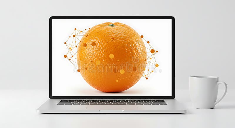 Laptop displaying a large orange with a network of interconnected nodes royalty free illustration