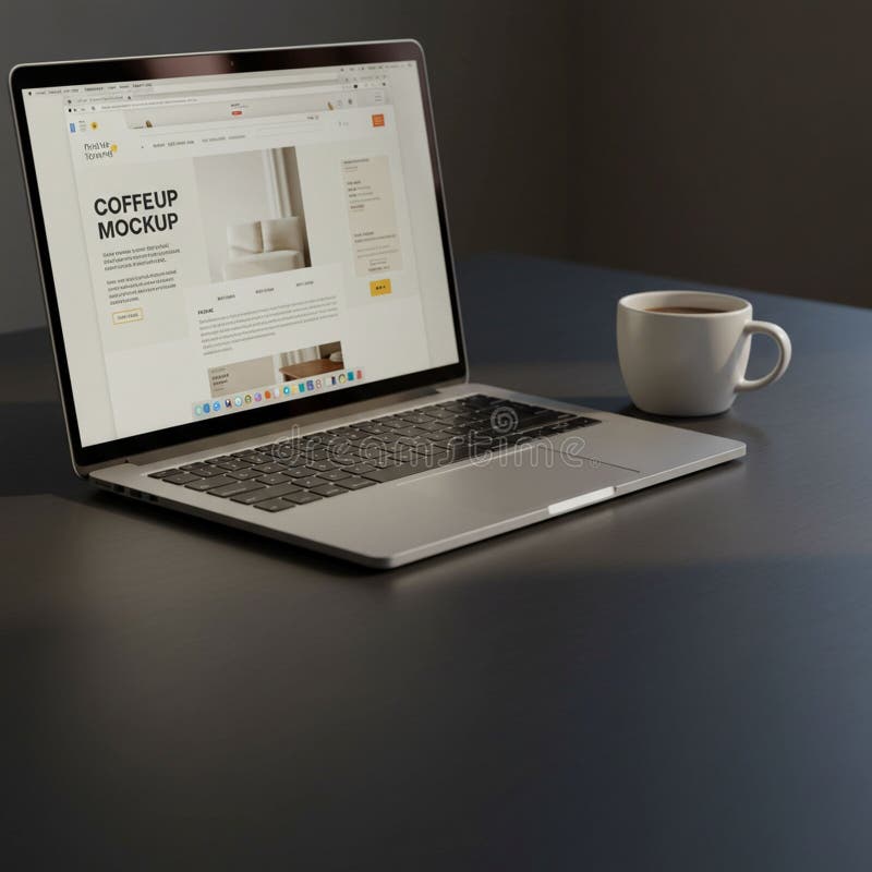 A laptop displaying a mockup design is open on a dark table. The screen shows a royalty free illustration