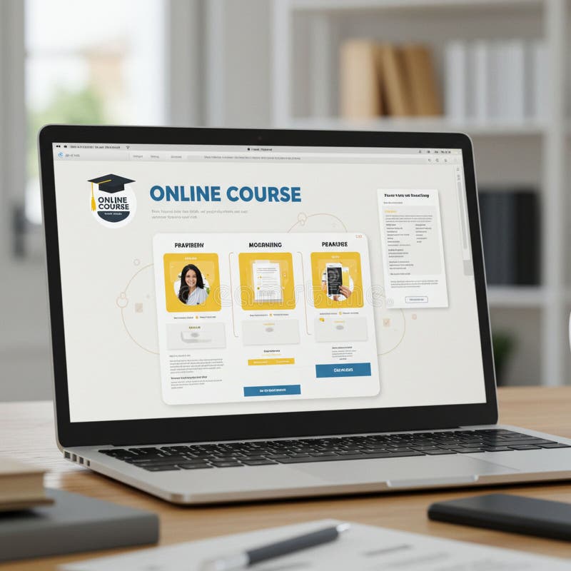 Laptop displaying an online course webpage featuring sections labeled \'PREAPREIN vector illustration