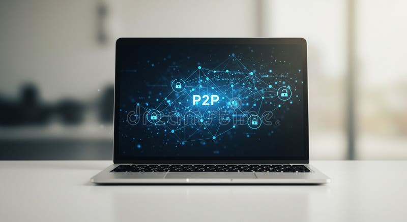 Laptop displaying a P2P (peer-to-peer) network concept on the screen. The graphic royalty free illustration