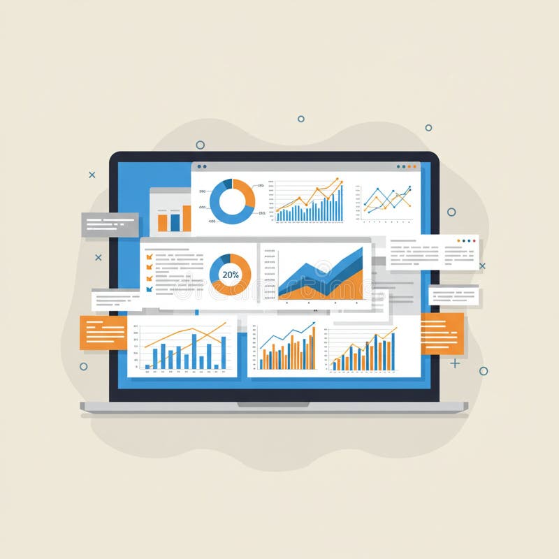 Laptop displaying various analytics charts and graphs. The screen features pie charts stock illustration